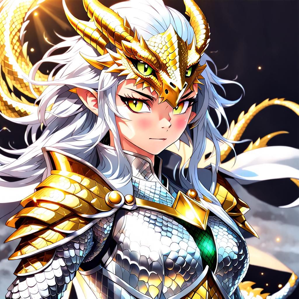 Heroic Dragon Woman in Silver Armor: Anime Illustration