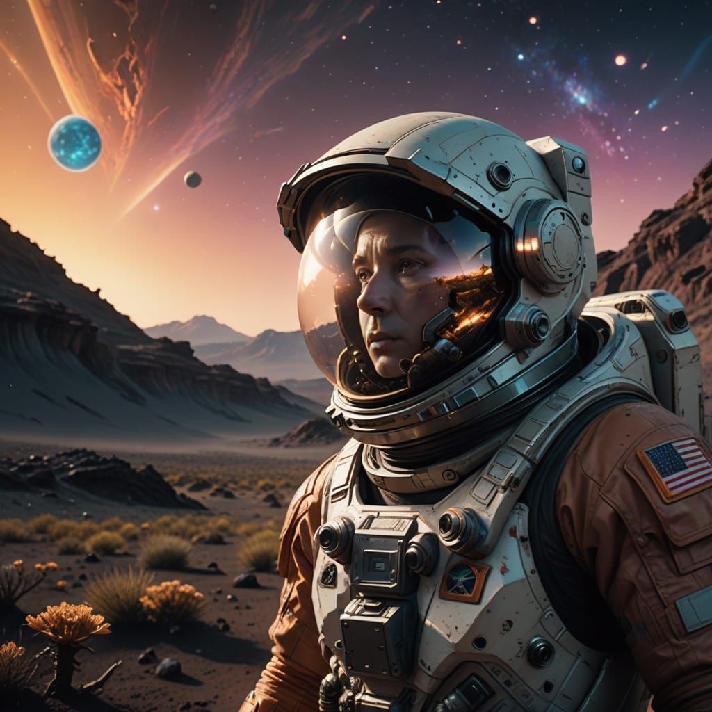 Astronaut Exploring Alien Planet in Dramatic Sci-Fi Art