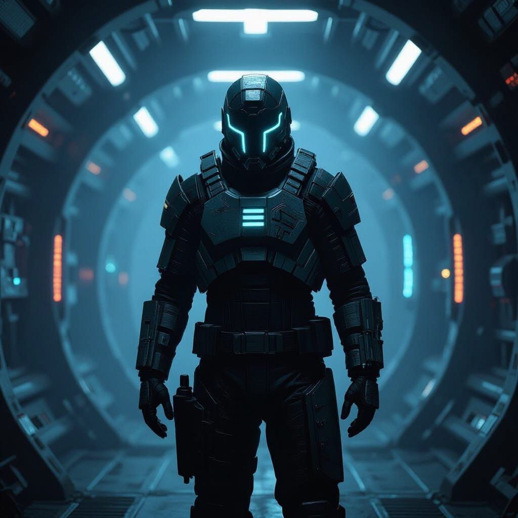 Isaac Clarke in Derelict Spaceship Corridor Concept Art