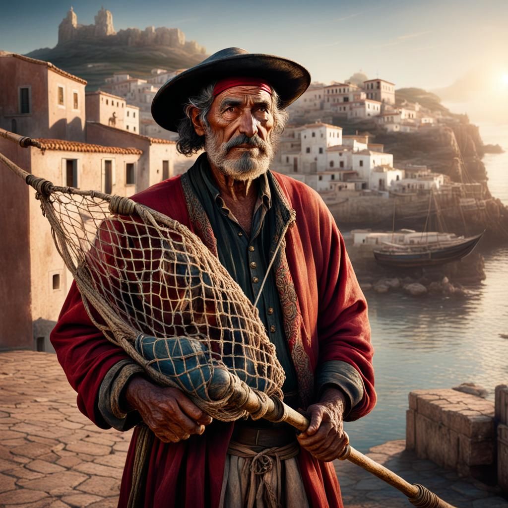 A weathered Spanish fisherman stands proudly in traditional clothing