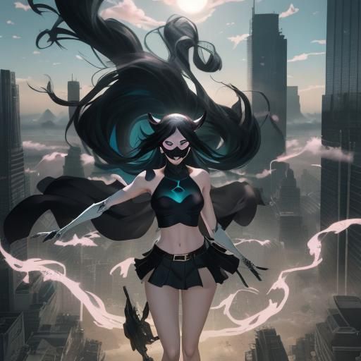 Diabolical Anime Woman Floating in City