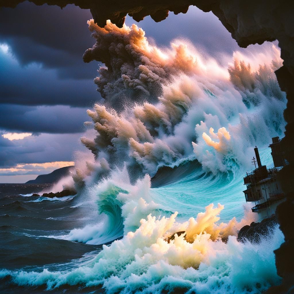 Dramatic Wave Crashes Ashore Under Stormy Sky