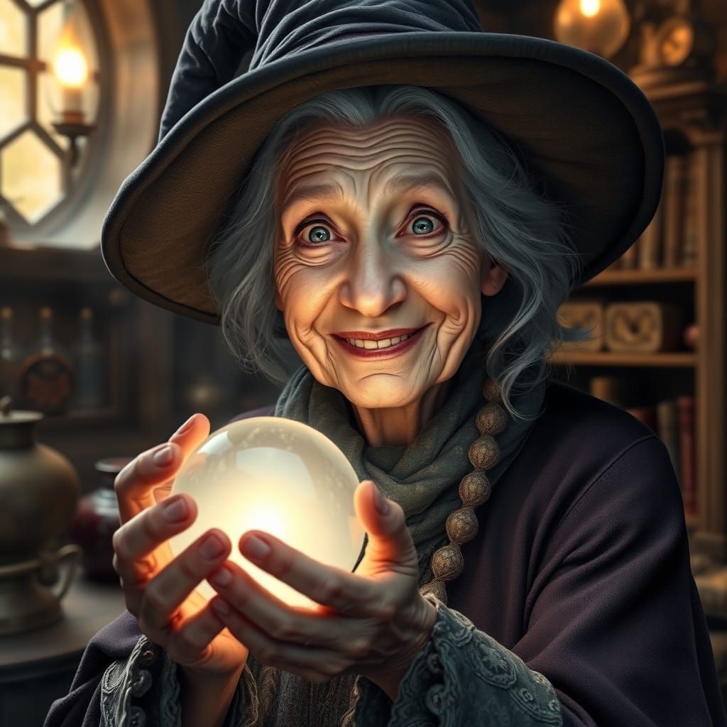 Enchanting Portrait of a Wise Old Witch in Cozy Cottage Sett...