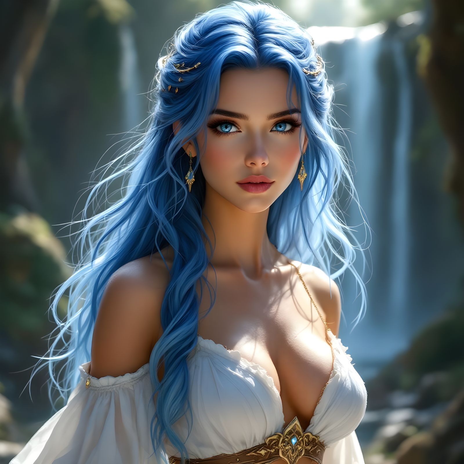 Stunning Young Warrior in Forest Waterfall Scene