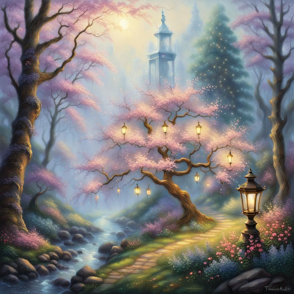 Blossoming Tree in Misty Lantern Light: Dreamy Landscape