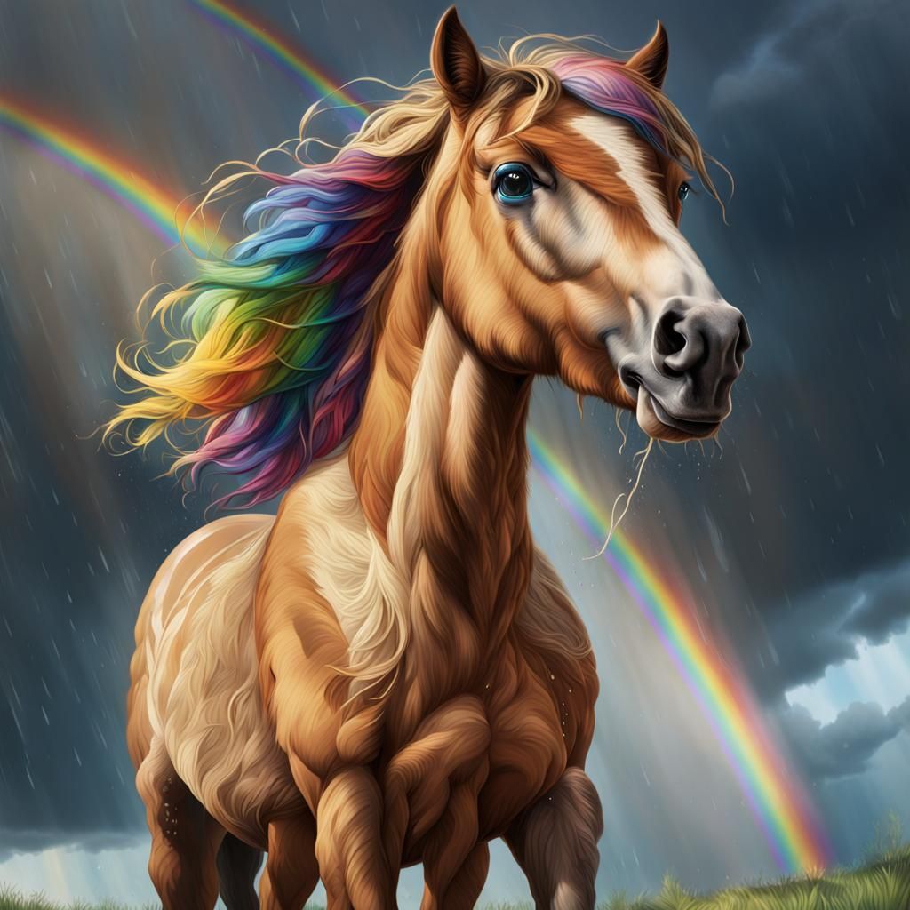 Hyperrealistic Pony Reaching for Rainbow in Rain