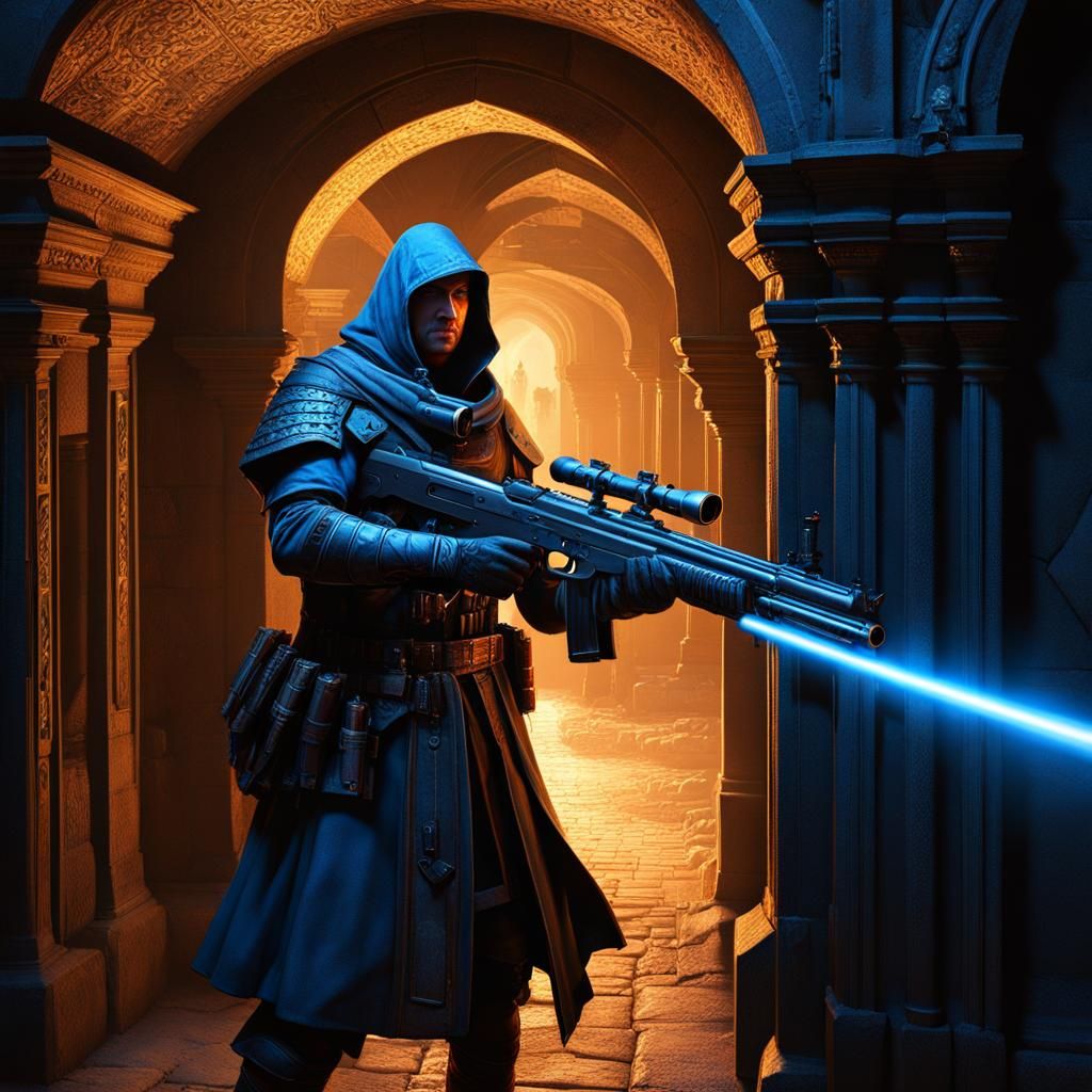 Medieval Soldier Fires Laser in Dark Dungeon
