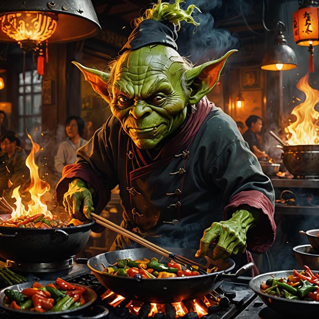 Evil Goblin Cooking in Chinese Restaurant as Oil Painting