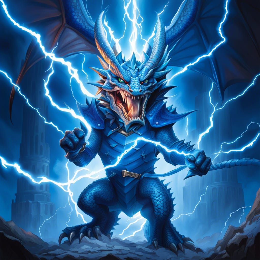 Ferocious Blue Dragon Portrait with Lightning Scales