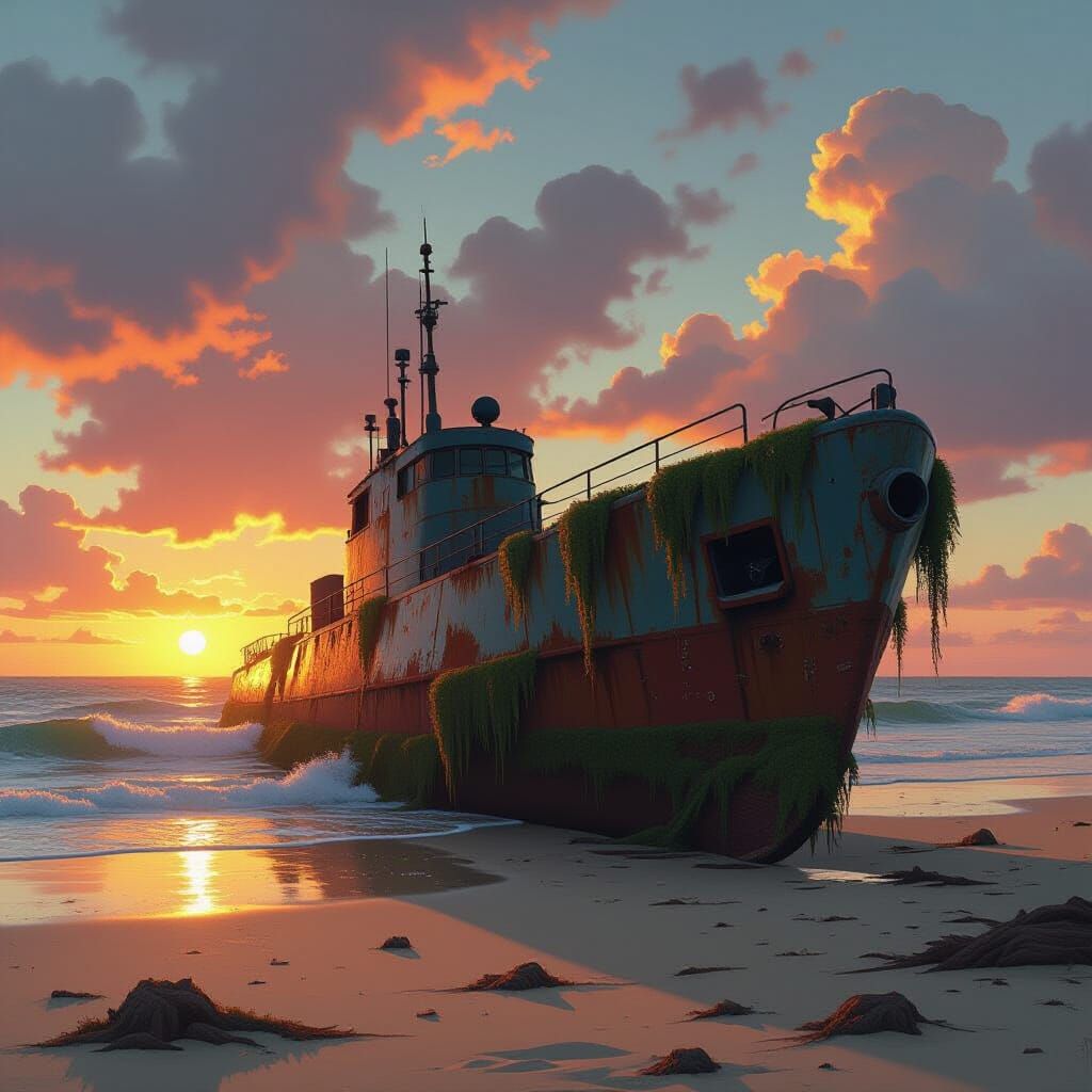 Rusty Submarine Washed Ashore at Golden Sunset