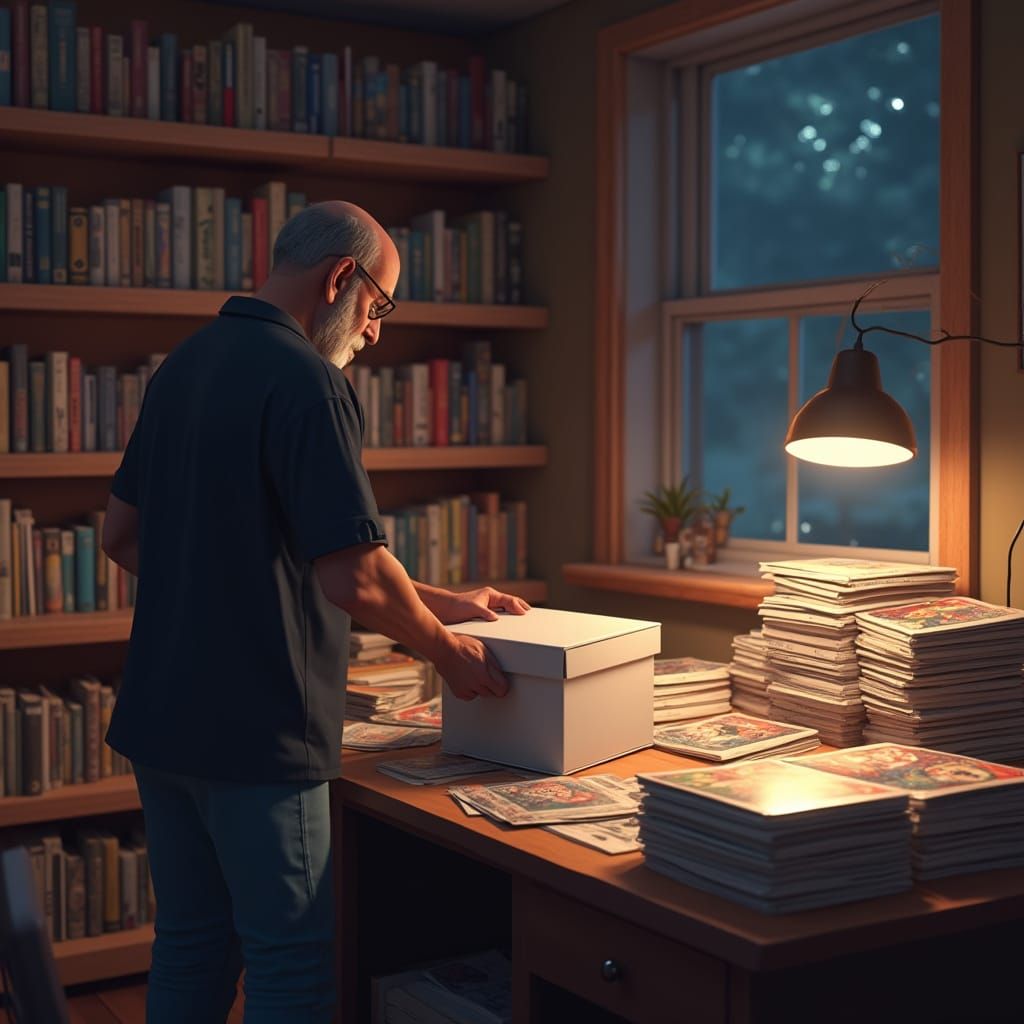 Man Organizes Comics: 3D Digital Art in Pixar Style