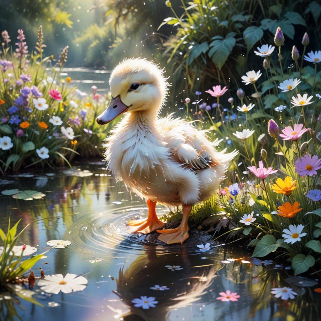 Duckling in Sunlit River Garden: Watercolour Painting