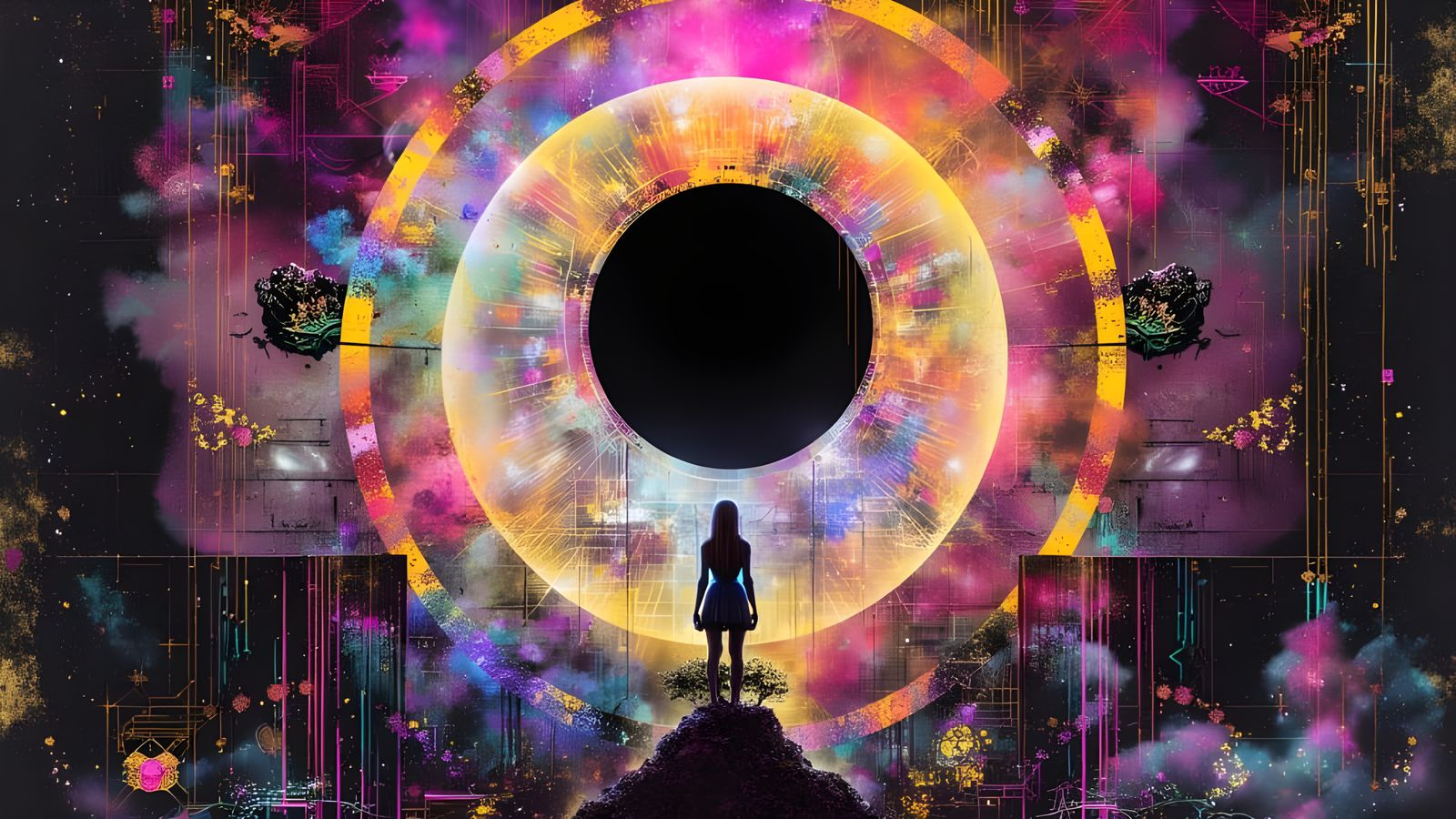 Woman at Black Hole in Surreal Mixed-Media Style