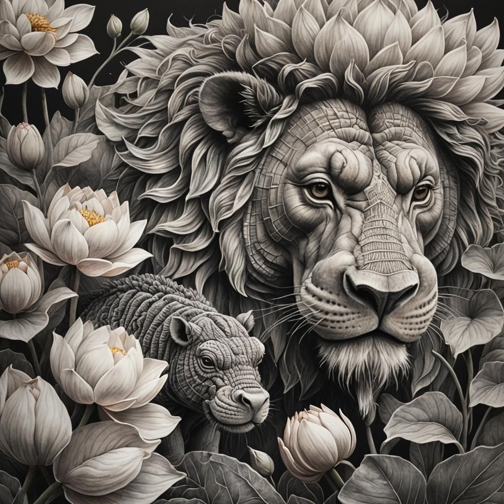 Knitted Lion and Hippo Observe Lotus in Charcoal