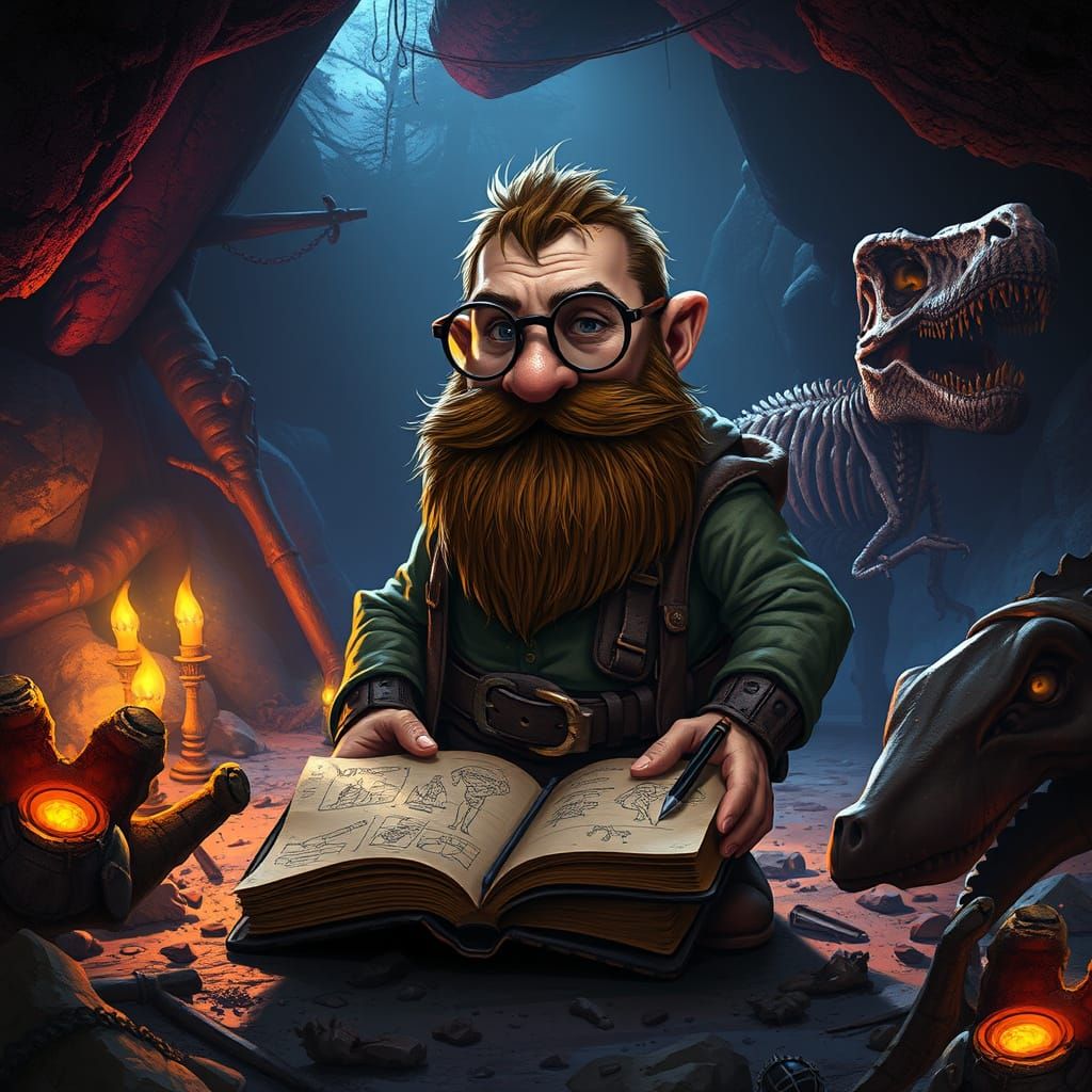 Dwarf Dinosaur Paleontologist in Ancient Excavation Site