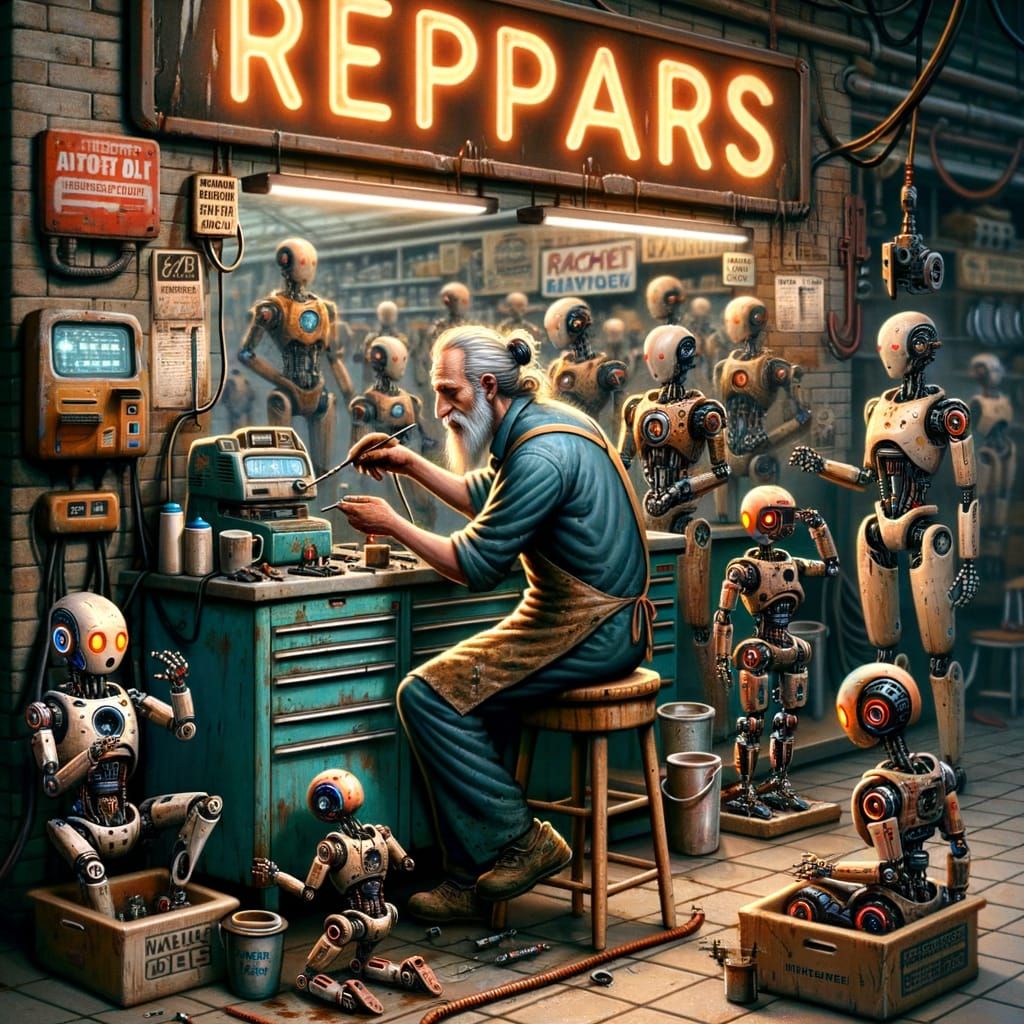 Cyberpunk Mechanic Transforms Shop to Robot Repair Hub