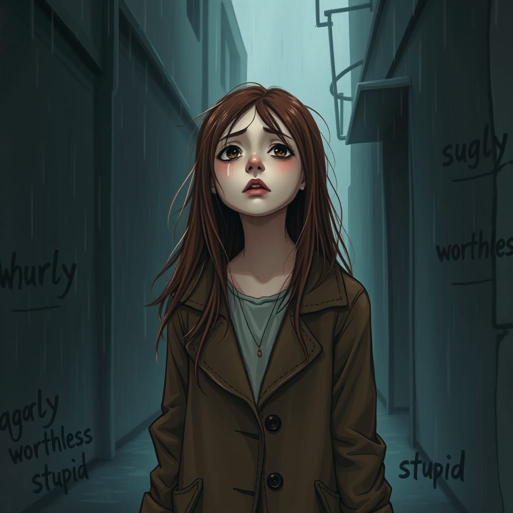 Teen Girl Crying in Rainy Alley, Dark Fantasy Art