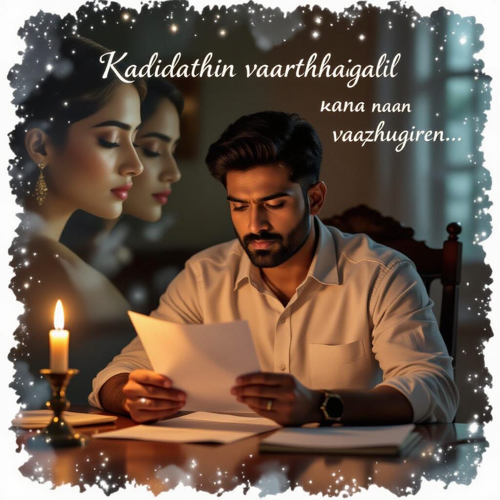 South Asian Man Reads Letter by Candlelight in Surreal Oil P...