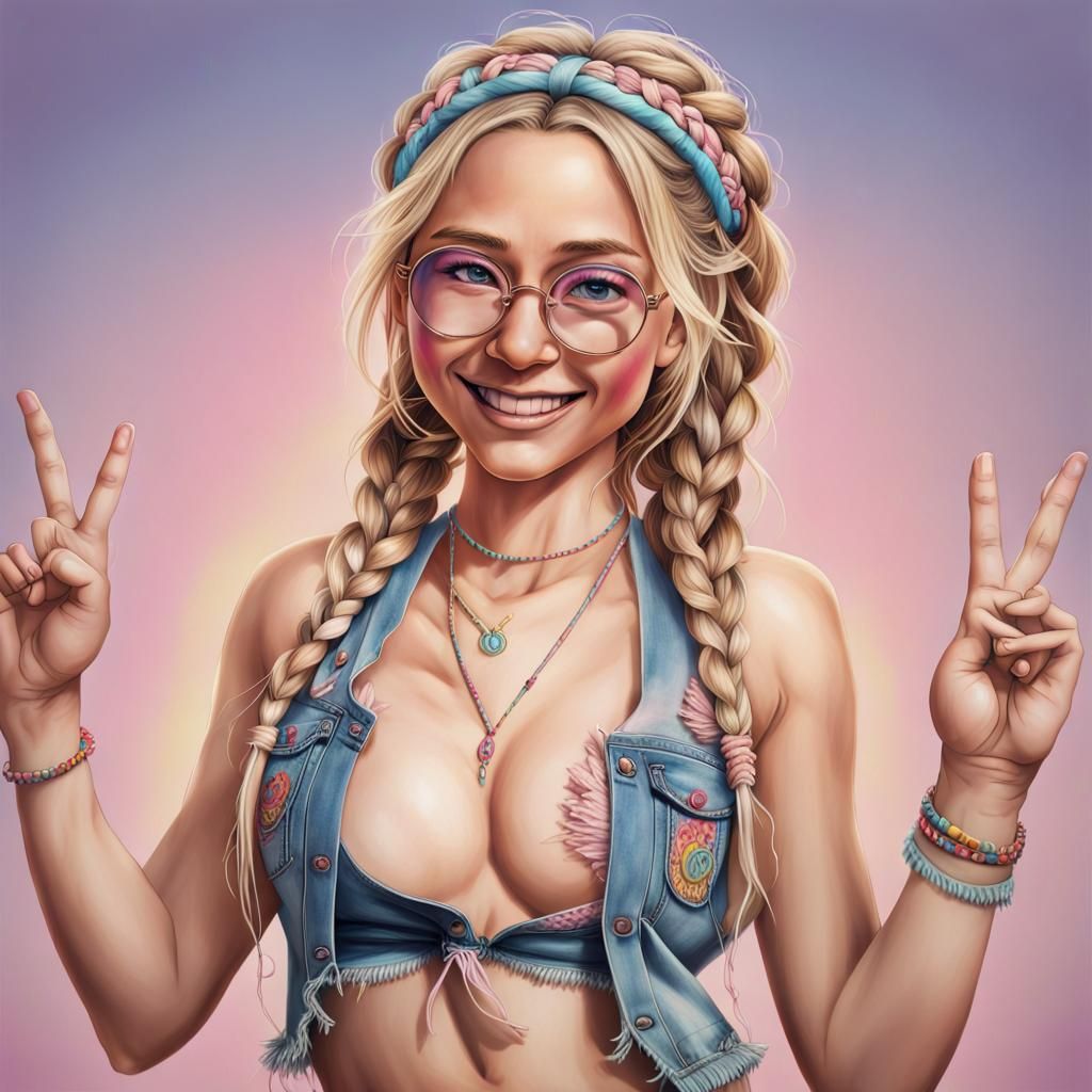 Hippie Girl Giving Peace Sign in Splash Art