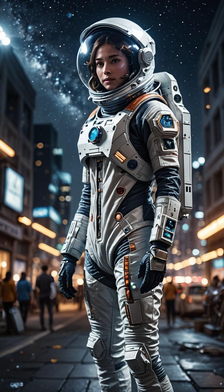 close-up, beautiful female astronaut in a ship