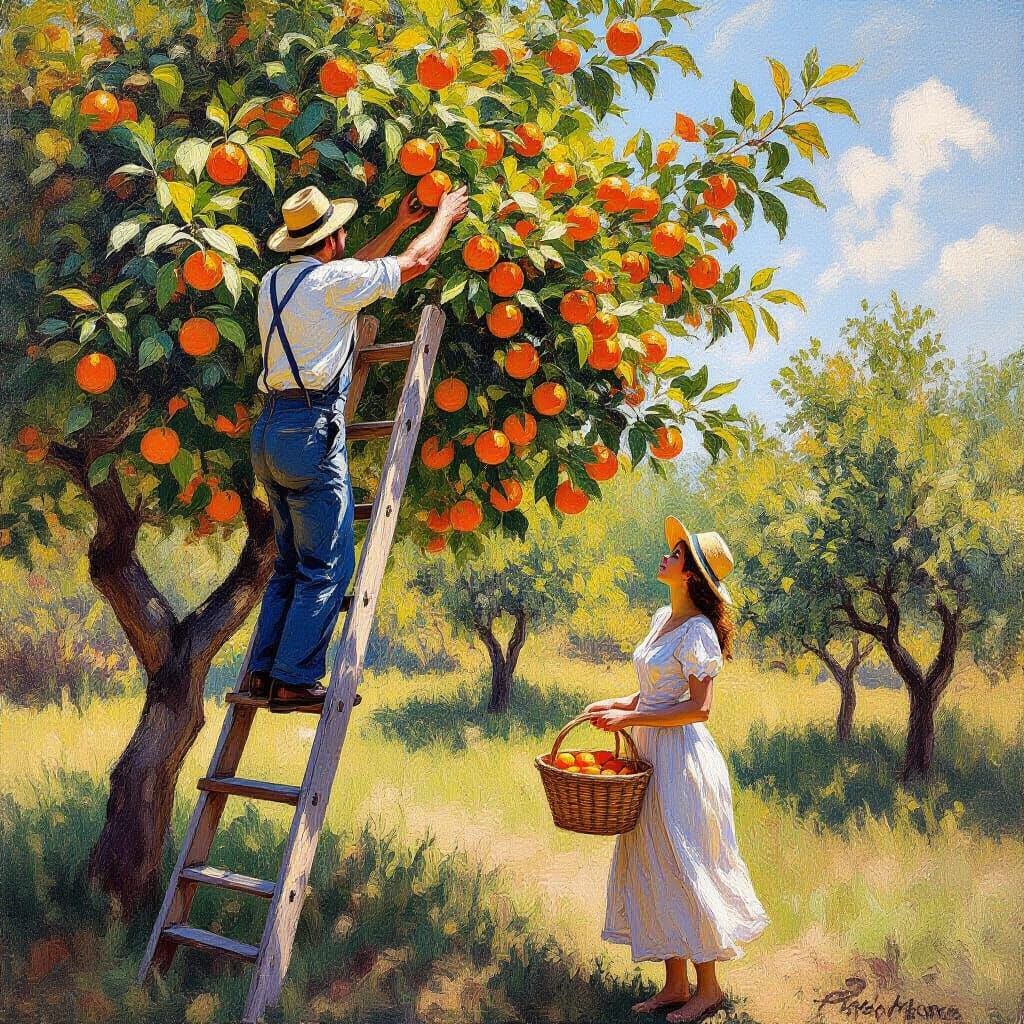 Impressionist Oil Painting: Man Picking Oranges with Woman