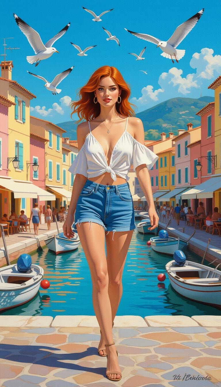 Lively Market Scene with Copper-Haired Woman