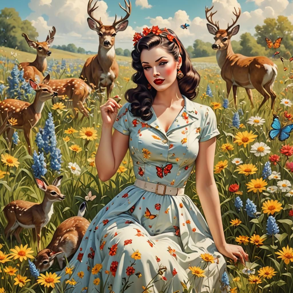 Retro Pin-Up Girl in Wildflower Meadow