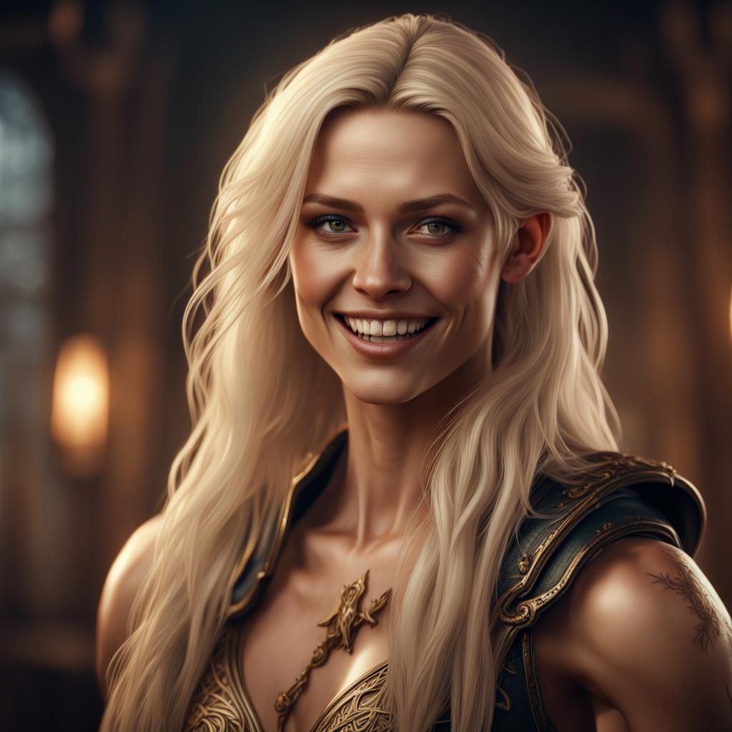 Blonde Woman Smiling, Detailed Matte Painting