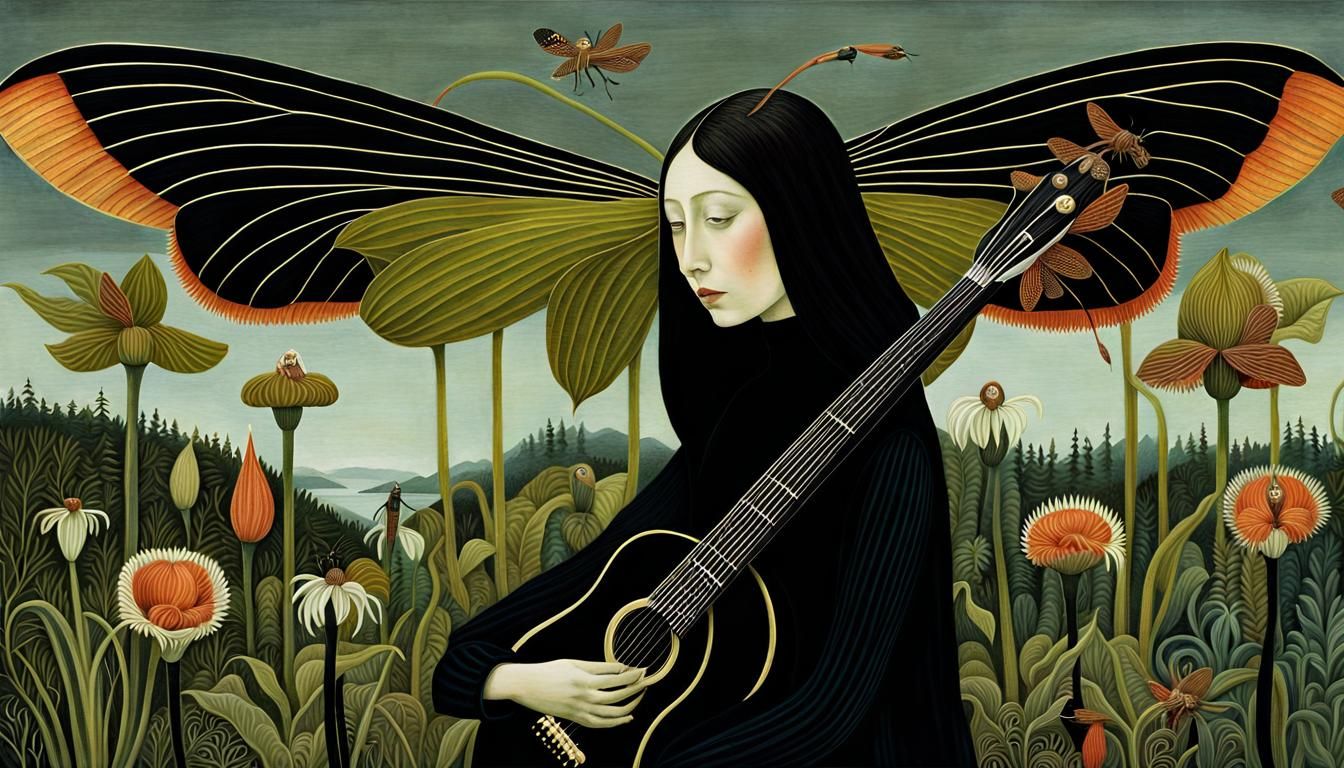 Surreal Digital Collage of Woman and Fly Magnet Flower