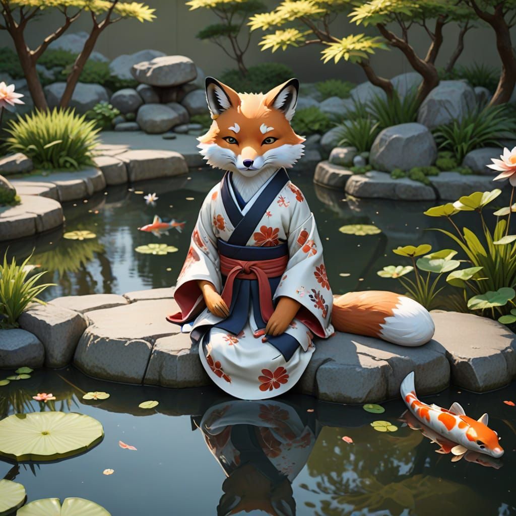 Kitsune Fox in Kimono by Koi Pond