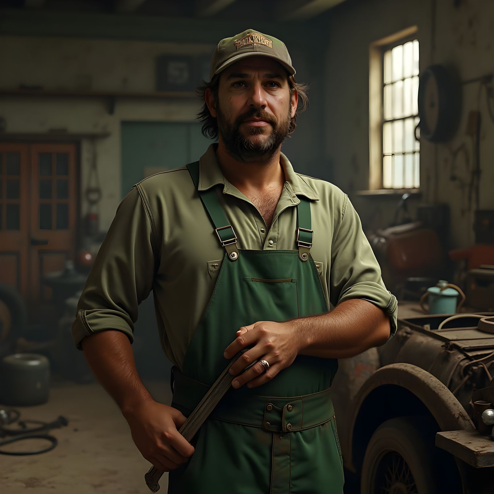 Gritty 1930s Auto Mechanic in Green Coveralls