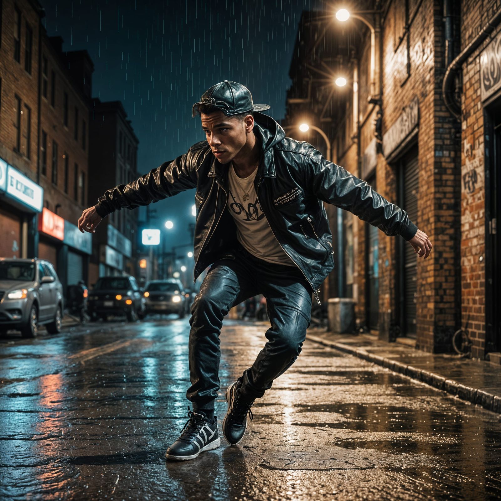 Breakdancer in Leather Jacket on Wet Street at Night