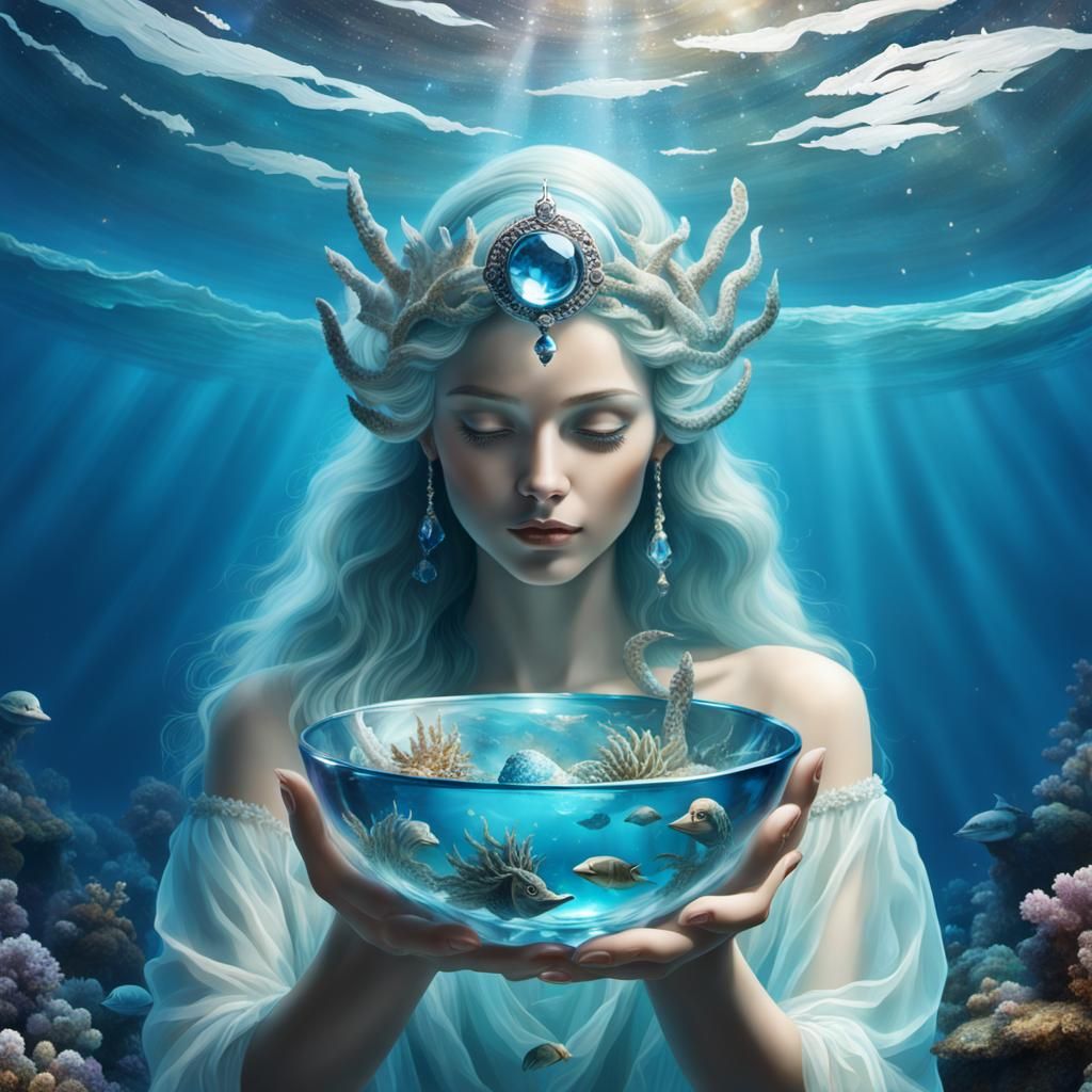 Sea Goddess Holding Crystal Bowl of Ocean Life