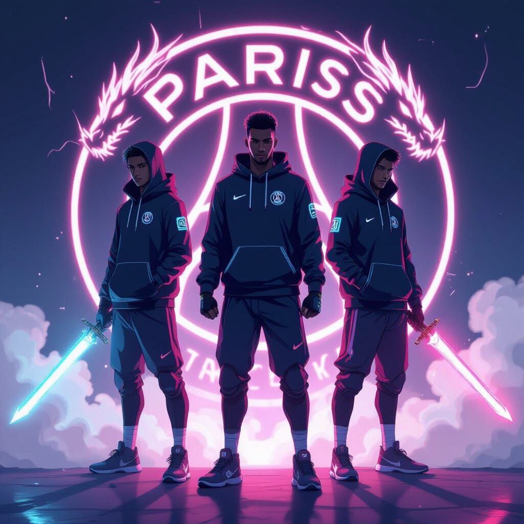 Neymar, Messi, Mbappe with Dragons and Futuristic PSG Logo