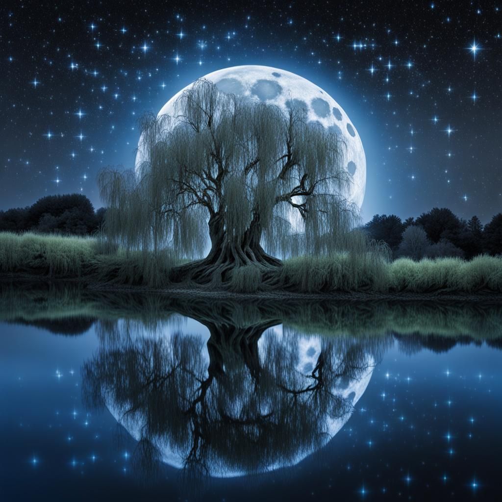 Moonlit Willow Tree Reflected in Water