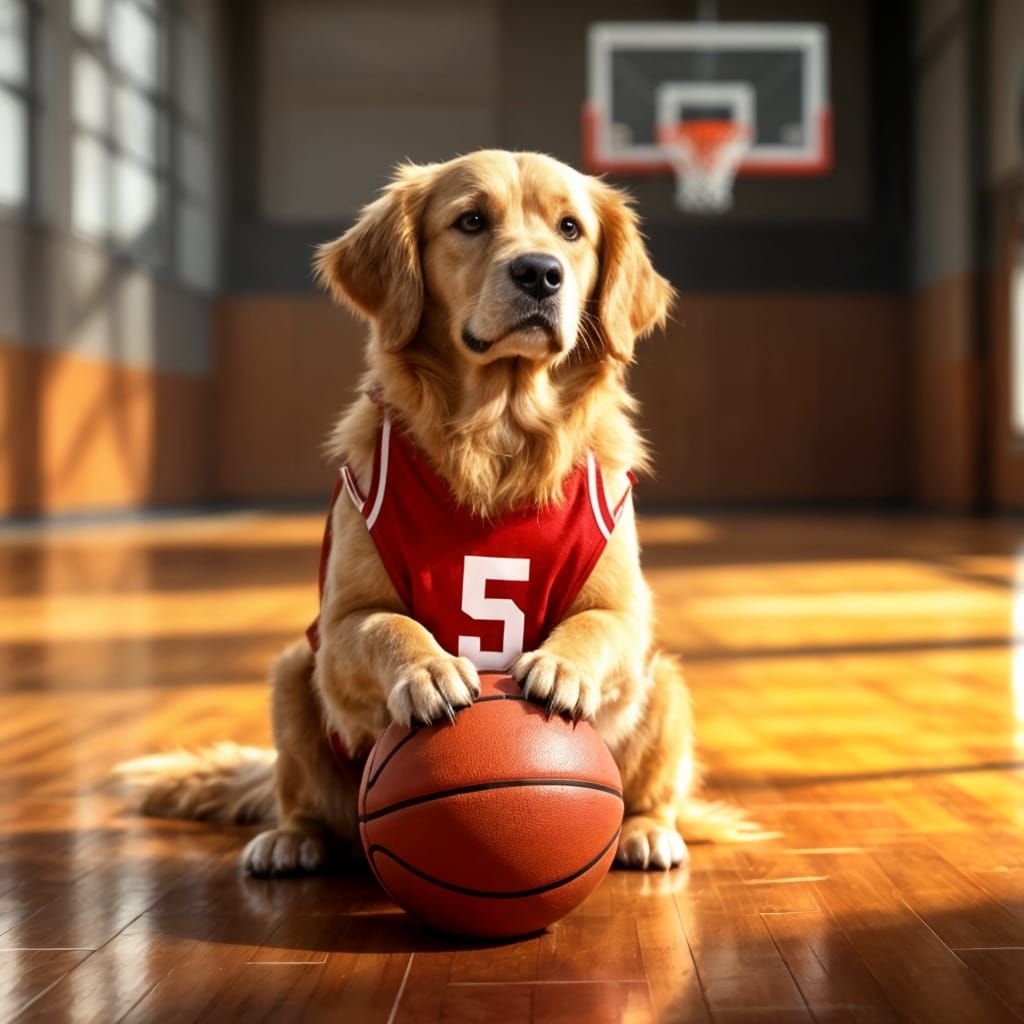 Golden Retriever in Red Basketball Jersey on Court