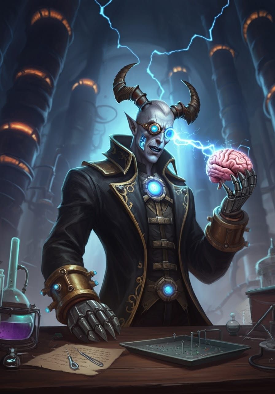 Tesla Coil Demon in Dark Lab, Digital Illustration