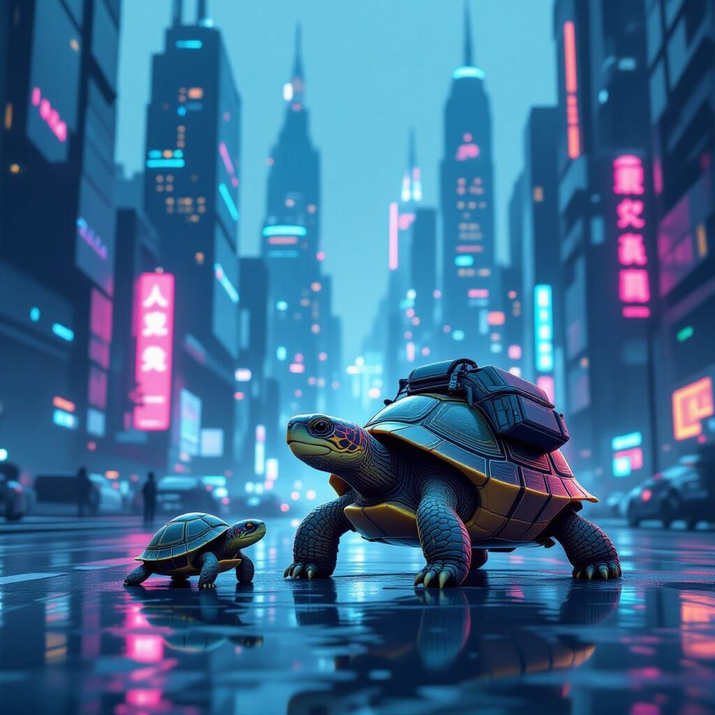 Turtle Family Adventure in a Cyberpunk Cityscape