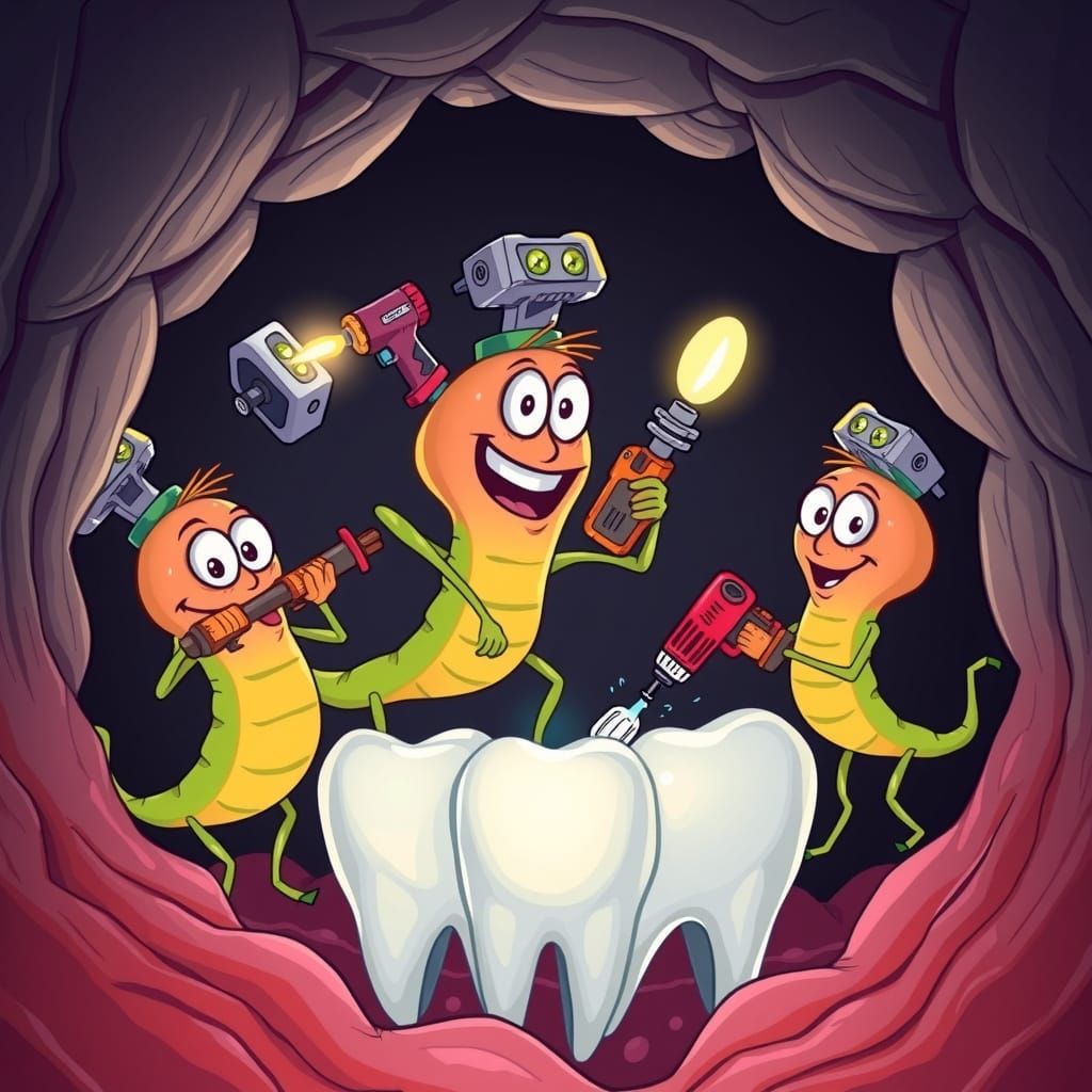 Cartoon Bacteria Drill Teeth with Power Tools in Mouth