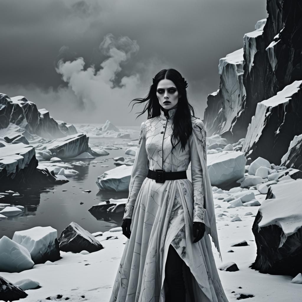 Gothic Model in Frozen Landscape, Bradford-Style Photography