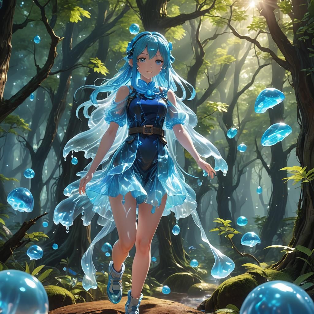 Anime Slime Girl in Fantasy Forest, 3D Render