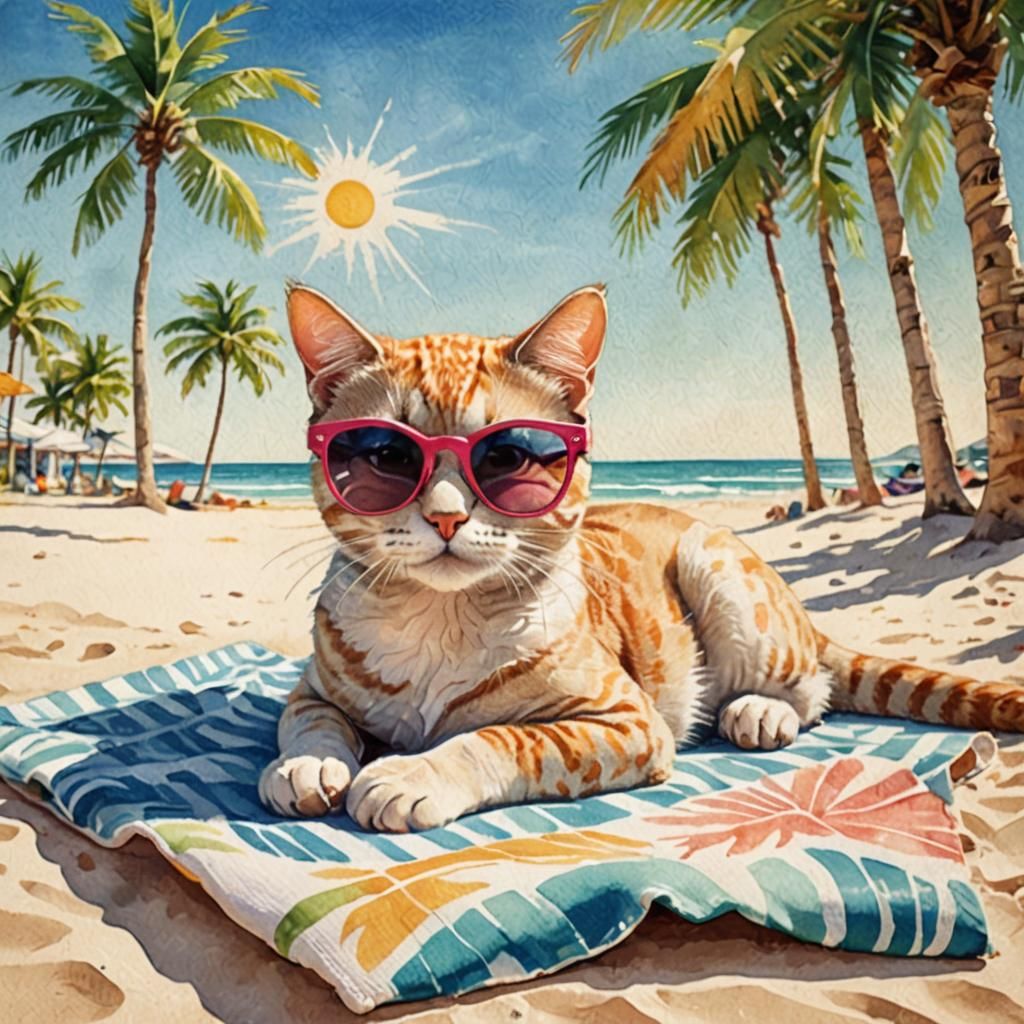 Kitty on Sunny Beach in Watercolor Style