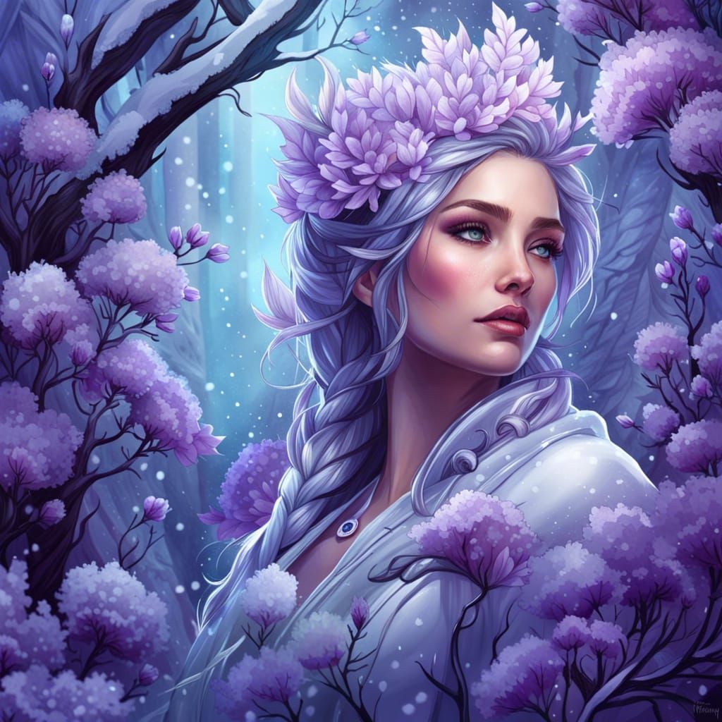 Biopunk Heather in Purple Flower Snow, Fantasy Art