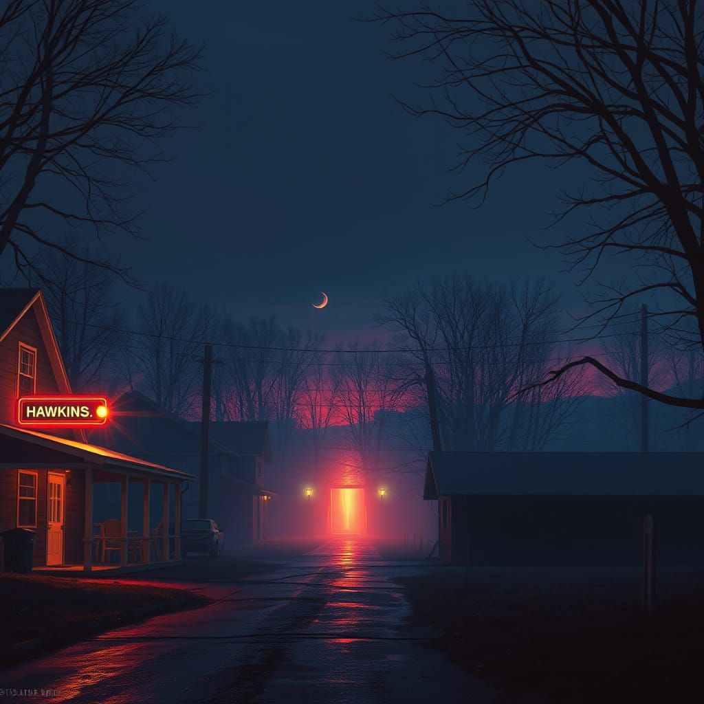 Mysterious Hawkins Landscape at Dusk, in Vibrant 80s Style