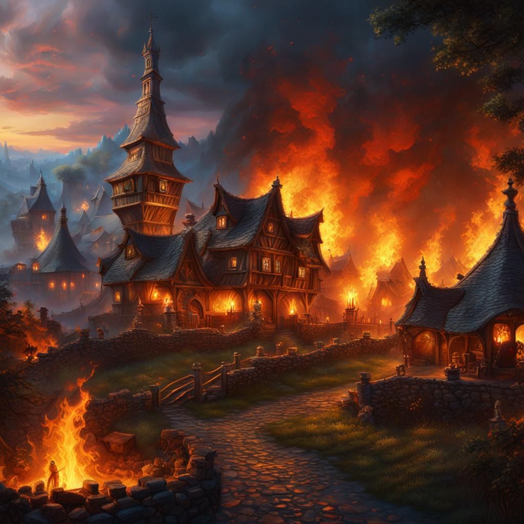 Burning Medieval Village in Classic Oil Painting Style