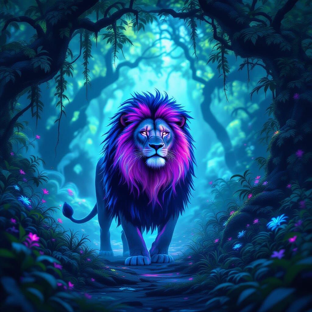 Majestic Lion Guarding Ancient Forest Entrance