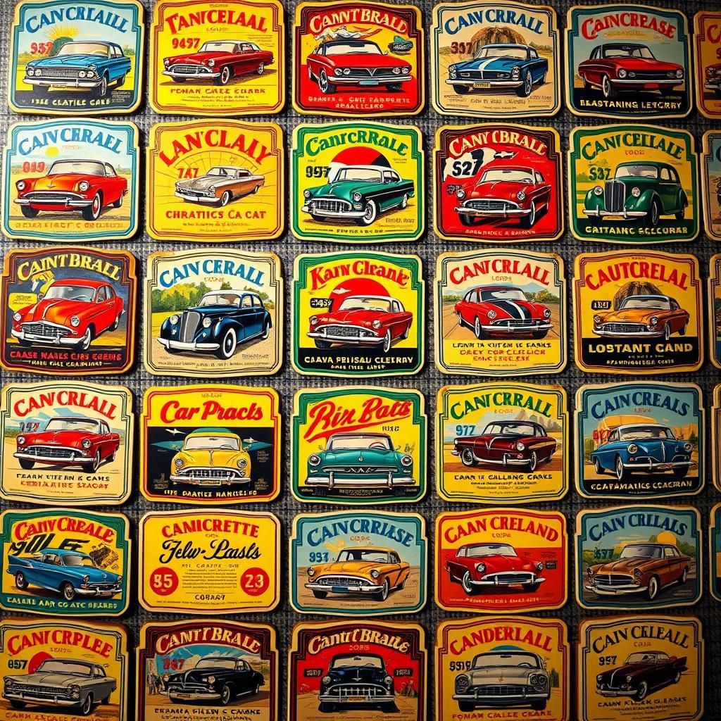 Vintage Car Labels Grid in 1950s Style