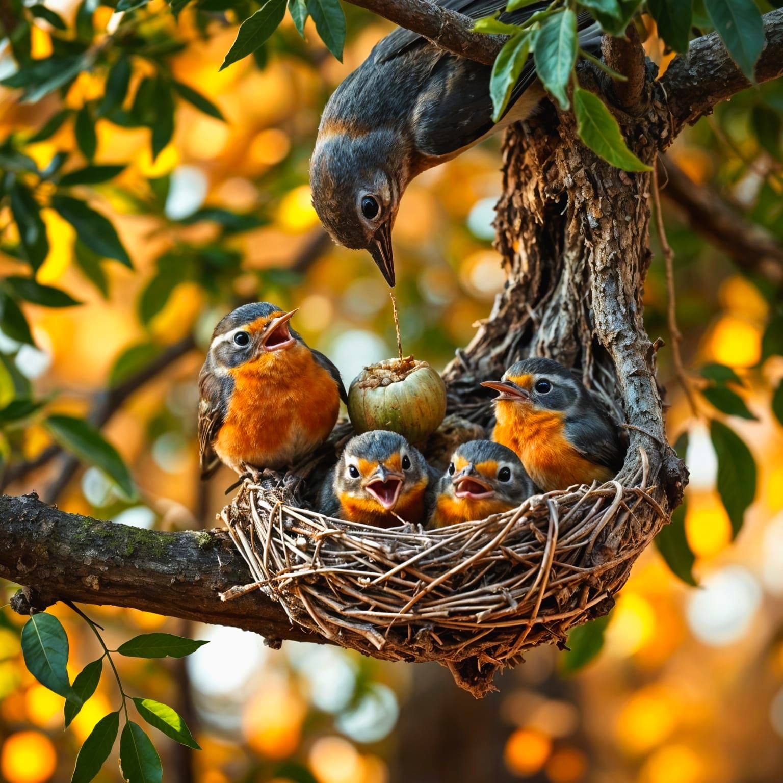 Adorable Baby Robins Eating in Their Nest