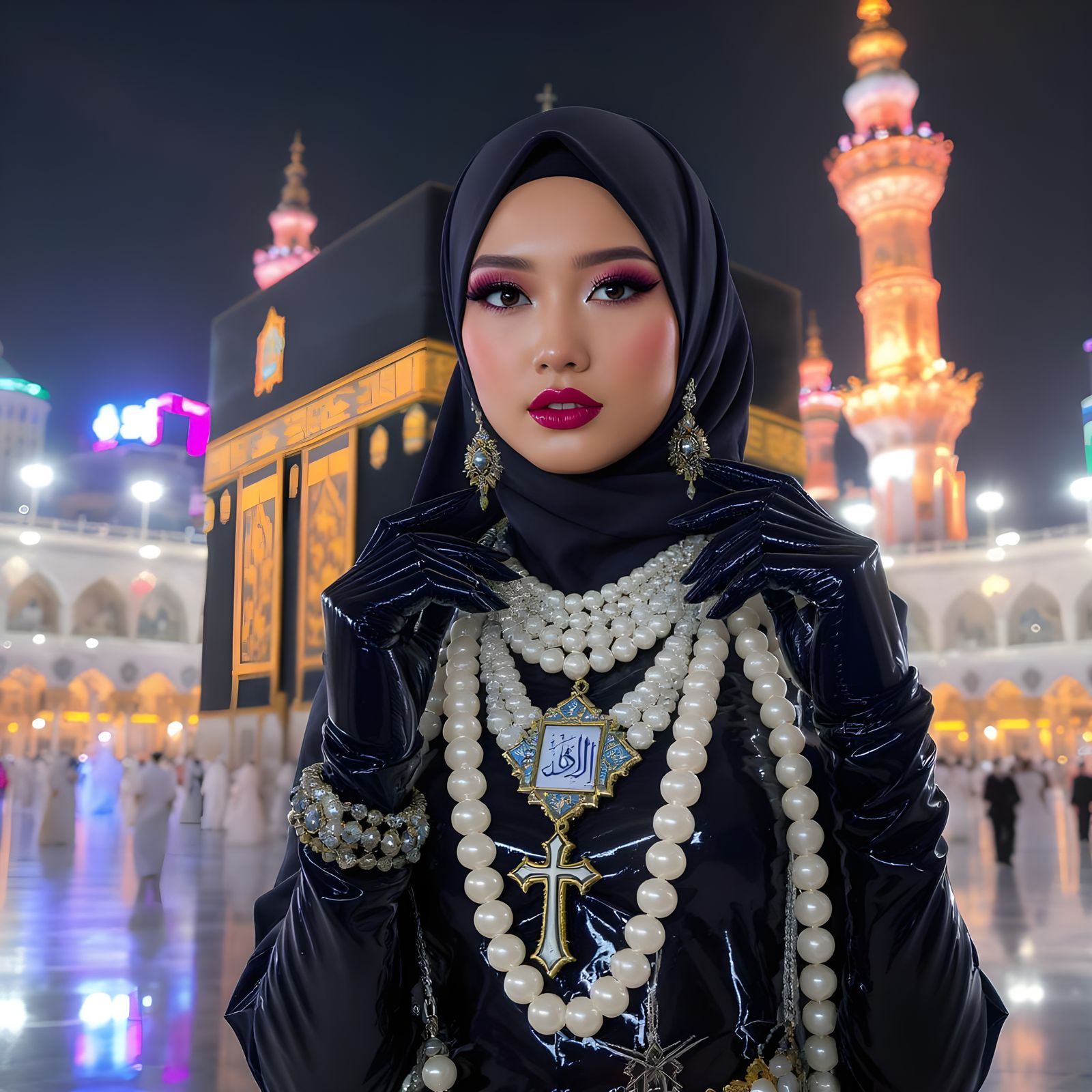 Woman in Hijab with Pearl Chain at Ka'bah