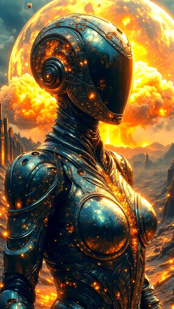 Dystopian Robot-Android in Glitching Future Landscape